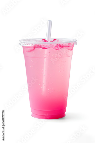 Pink drink in plastic cup isolated on white background. Take away drinks concept