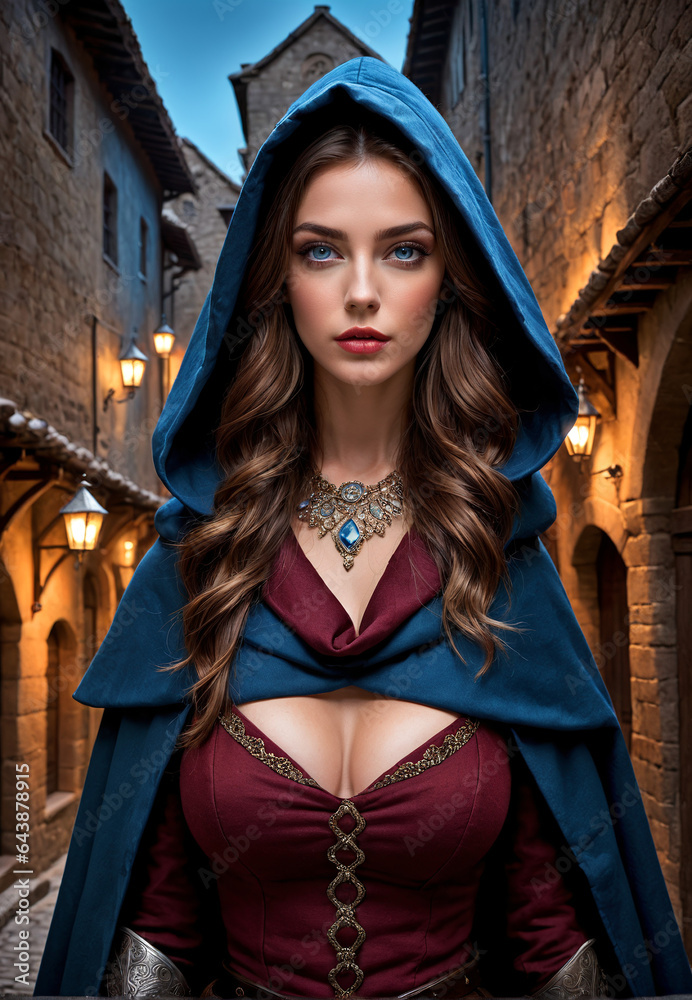 a girl wearing a blue hooded cloak, medieval theme, walking in the old village and at night