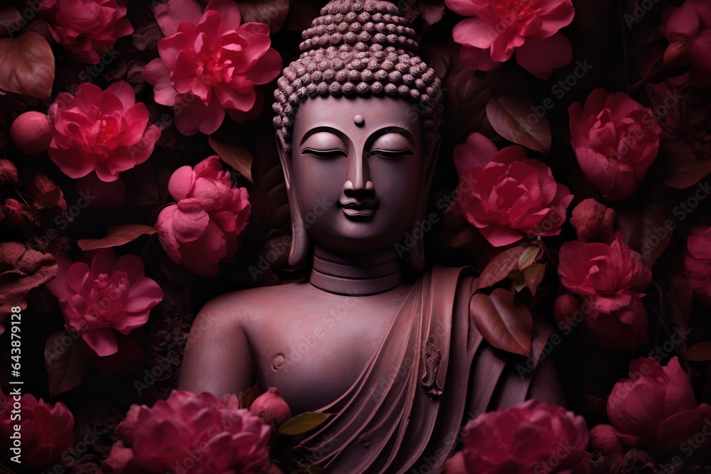 Buddha statue with red flowers background.Generative Ai