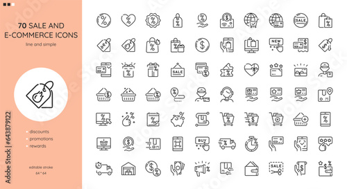 Sale and E-Commerce Icons Set. Loyalty program, Cashbask, Percent Discount, Member card, Coupon, Hot Sale, Great Deal, Promotion, Shopping Online, Client Support. Editable Outline Signs Collection.	