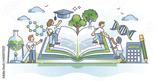 Pathway to knowledge and academic training with smart books outline concept. Chemistry, physics or math research in teamwork groups vector illustration. STEM skills learning in university or school.