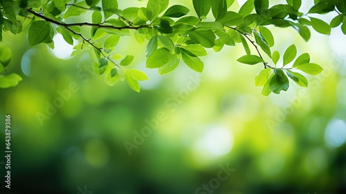 Fresh green leaves on blurred greenery background with bokeh effect, Generative AI