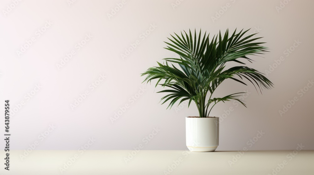 vase with plant on white wall background., Generative AI