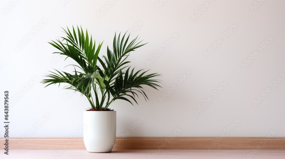 vase with plant on white wall background., Generative AI