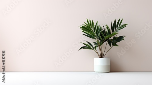 vase with plant on white wall background., Generative AI
