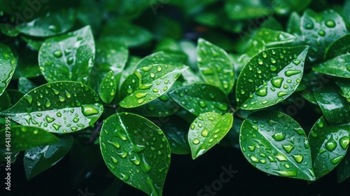 Water drops on green leaves background. Natural green leaf background with copy space, Generative AI