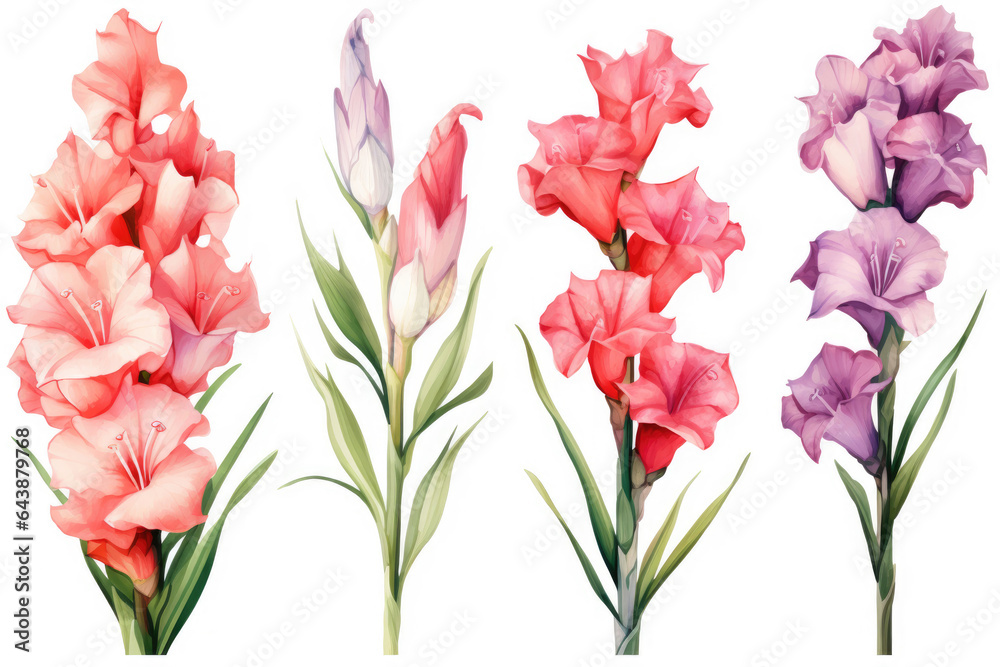 Watercolor image of a set of gladiolus flowers on a white background