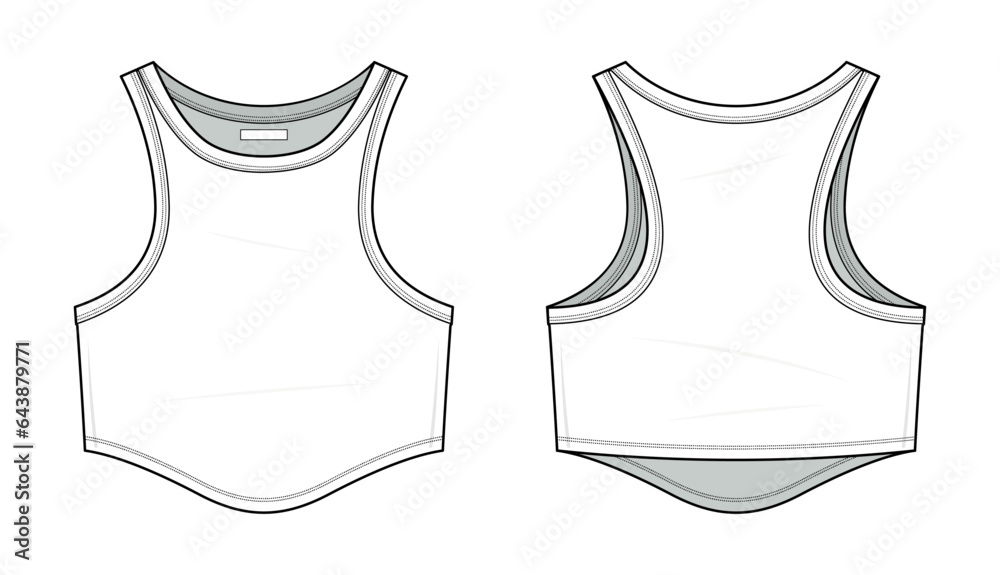 Curved hem Racerback Tank Top technical fashion illustration. Curved hem Racerback Tank Top vector template illustration. sleeveless, crop tops, front and back view. women's. white color. CAD mock-up Curved hem Racerback Tank Top technical fashion illustration. Curved hem Racerback Tank Top vector template illustration. sleeveless, crop tops, front and back view. women's. white color. CAD mock-up