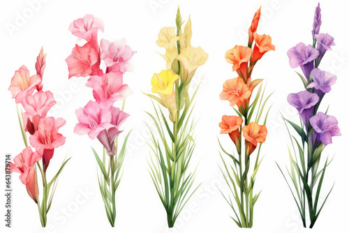 Watercolor image of a set of gladiolus flowers on a white background © Veniamin Kraskov