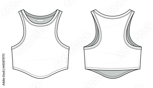 Curved hem Racerback Tank Top technical fashion illustration. Curved hem Racerback Tank Top vector template illustration. sleeveless, crop tops, front and back view. women's. white color. CAD mock-up 