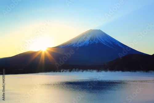 Fuji at sunrise and Lake Motosu, Japan,Yamanashi Prefecture photo