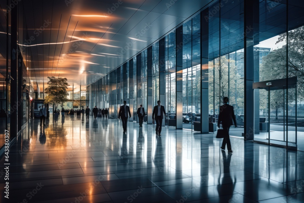 Blurry Business people walking in the corridor of a modern office building, Generative AI
