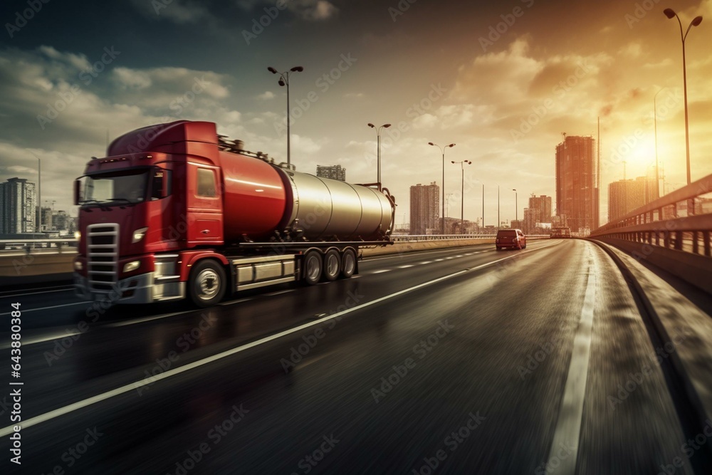 Blurred tanker truck transporting petrochemicals on highway. Generative AI