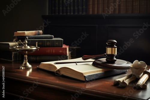 Desk with lawyer's gavel and books. Generative AI