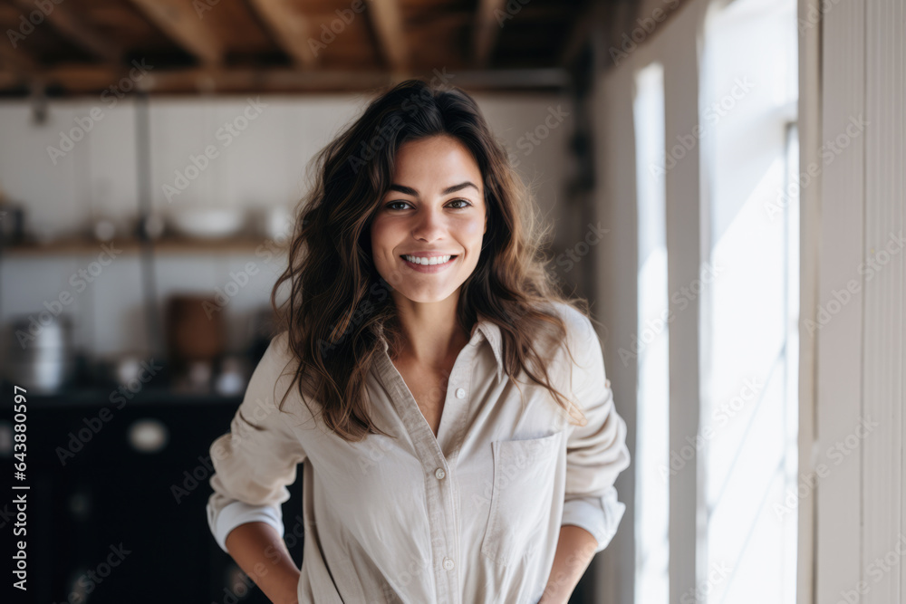 Beautiful woman smiling in an indoor scene Beautiful woman smiling in an indoor scene