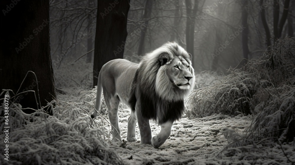 Naklejka premium Black an white Image of lion walking in forest.