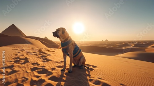 Memorable Desert Morning, dog with Colorful Saddle Back and the Great Sphinx of Giza at Sunrise.