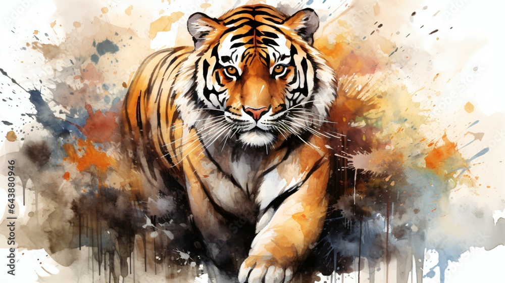 Fototapeta premium Isolated Watercolor-Style Tiger Illustration, Wildlife Art for Prints and Decor.