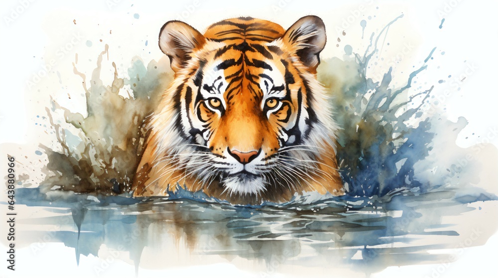 Naklejka premium Isolated Watercolor-Style Tiger Illustration, Wildlife Art for Prints and Decor.