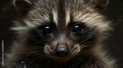 Cinematic Close-Up of Tiny Cute Baby Raccoon.