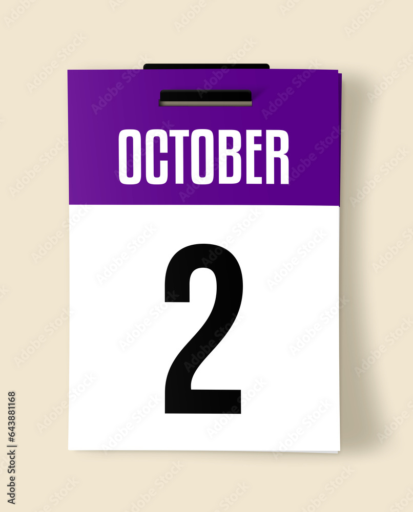 2 October Calendar Date, Realistic calendar sheet hanging on wall 2 October Calendar Date, Realistic calendar sheet hanging on wall