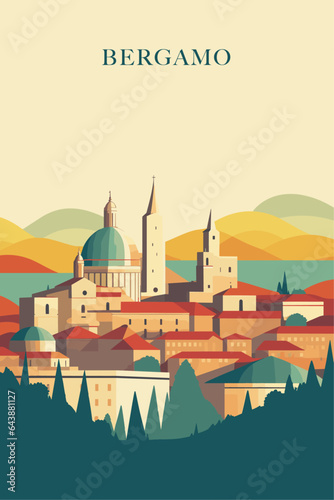 Italy Bergamo city retro poster with abstract shapes of skyline, landscape, houses and mountains. Vintage cityscape travel vector illustration of Lombardy Italian town panorama