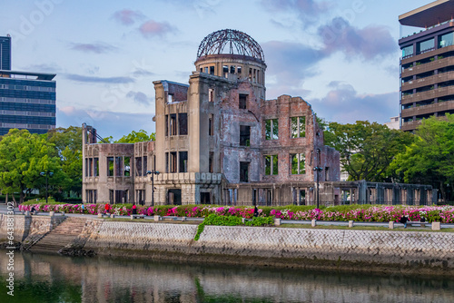 Atomic Bomb Dome and Motoyasu River at dusk, Hiroshima Prefecture,Hiroshima,Central District,Nakajimacho,Japan