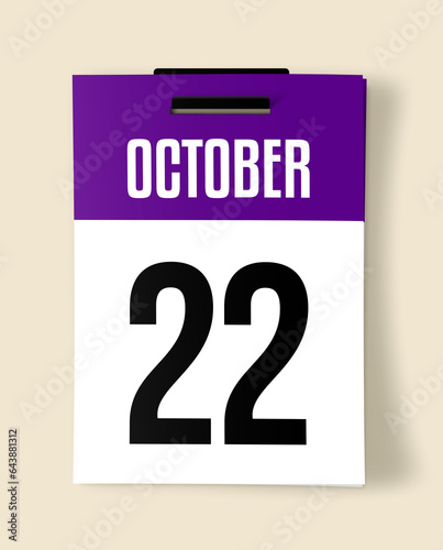 22 October Calendar Date, Realistic calendar sheet hanging on wall