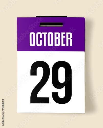 29 October Calendar Date, Realistic calendar sheet hanging on wall