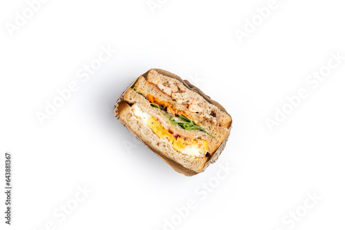 Top View Wrapping Chicken And Egg Sandwich On White Background.