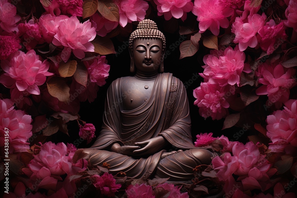 Buddha statue surrounded by pink peony flowers on dark background.Generative Ai