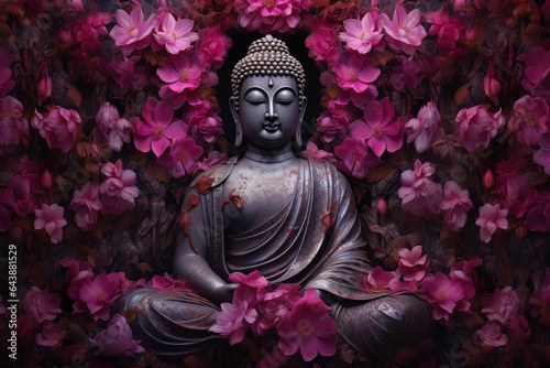 Buddha statue surrounded by pink peony flowers on dark background.Generative Ai