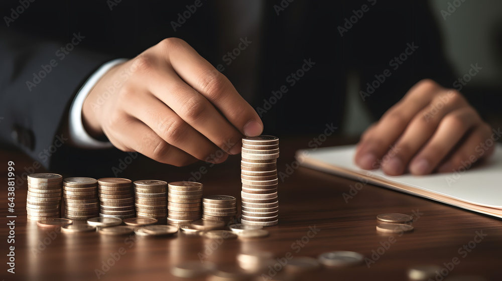 businessman's hands counting stacks of coins businessman's hands counting stacks of coins