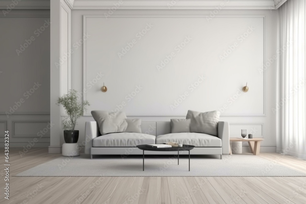 3D rendered living room with gray sofa on white wall with space on top. Mock-up. Generative AI