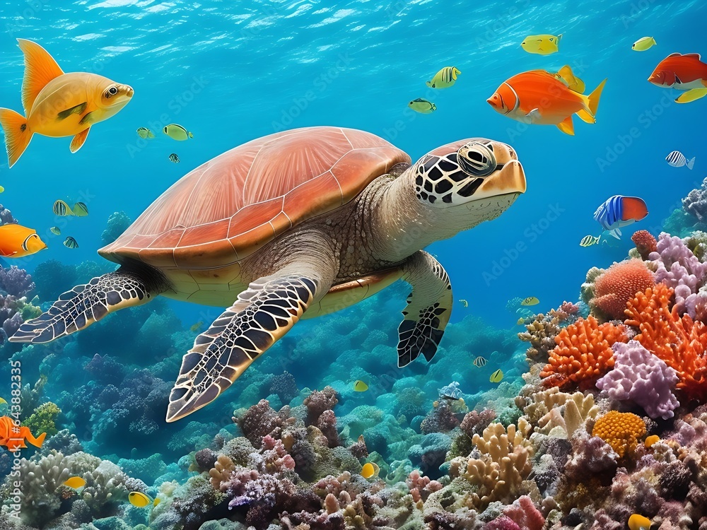 Fototapeta premium turtle with group of colorful fish and sea animals with colorful coral underwater in ocean