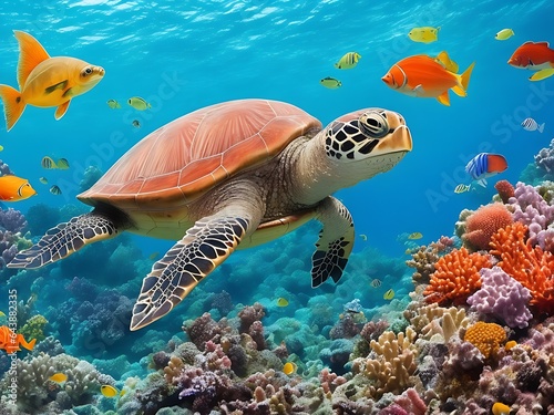 turtle with group of colorful fish and sea animals with colorful coral underwater in ocean © Afzal24