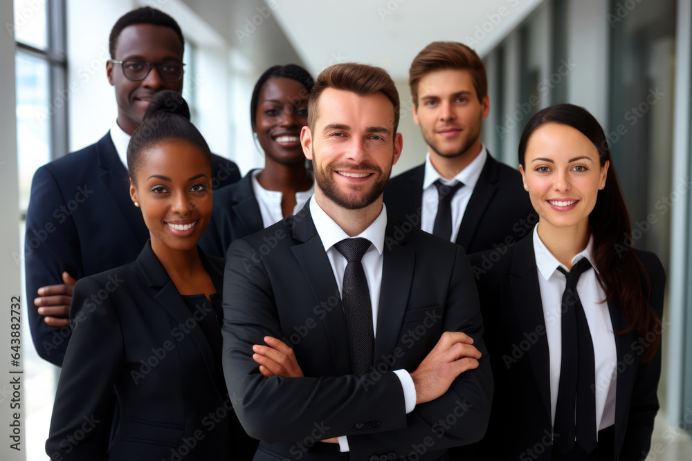 Multiracial diverse business team headed with boss posing to camera. Smiling businesspeople in office. The concept of business. Multiracial diverse business team headed with boss posing to camera. Smiling businesspeople in office. The concept of business.