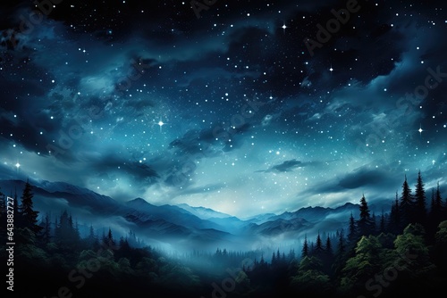 A background image for creative content, showcasing a winter night sky filled with dazzling stars, stretching above a tranquil forest and majestic mountains. Photorealistic illustration, Generative AI