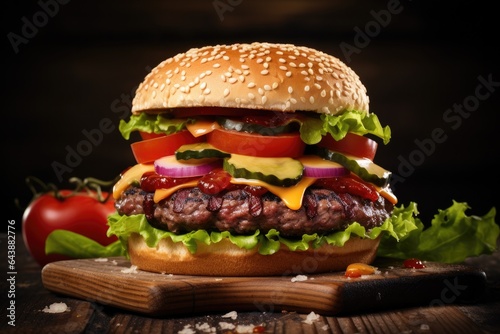 Close-up of a large hamburger stuffed with delicious meat. Generative ai