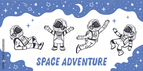 set of cartoon astronauts isolated on white background. Doodle style, elements for book, magazines. Coloring page. Vector illustration
