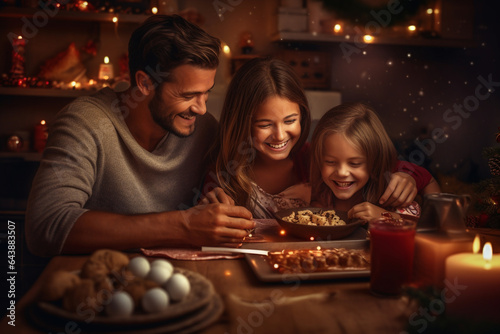 Christmas and New Year holidays concept. Happy family lifestyles portrait. Family enjoy magical moment of Christmas eve and holidays. Generative AI