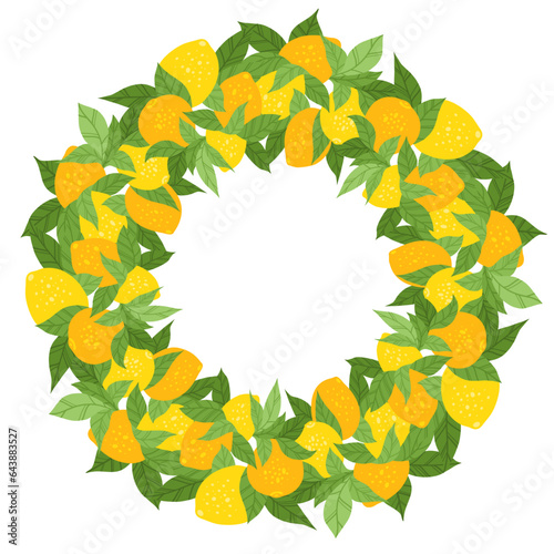 Vector round border with lemons, foliages and copy space. Circle frame with citruses and leaves isolated from the background.