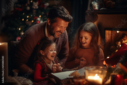 Christmas and New Year holidays concept. Happy family lifestyles portrait. Family enjoy magical moment of Christmas eve and holidays. Generative AI