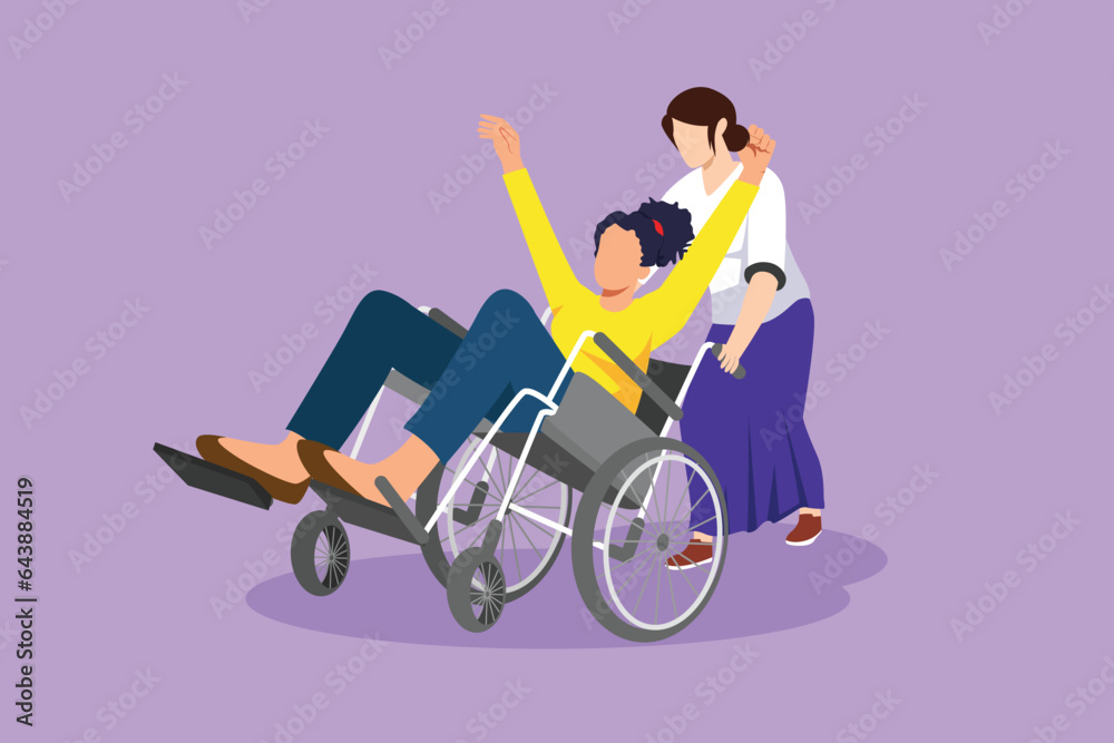 Character flat drawing young female volunteer helps disabled beautiful old woman, riding on wheelchair in park. Family care, volunteerism, disability care concept. Cartoon design vector illustration