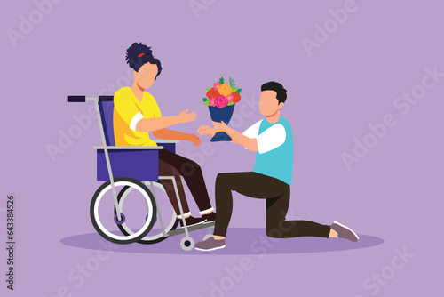 Graphic flat design drawing male and disabled female in wheelchair. Man give bouquet of flower to woman. Caregiver, family moral support. Disability rehabilitation. Cartoon style vector illustration