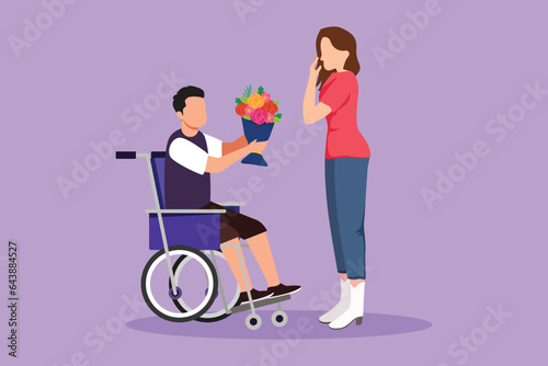 Graphic flat design drawing of beautiful woman and disabled man in wheelchair. Male give bouquet of flower to female. Family moral support. Disability rehabilitation. Cartoon style vector illustration
