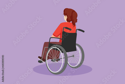 Graphic flat design drawing back view of lonely old woman sitting on wheelchair, looking at distant dry autumn leaves in outside. Lonely, forlorn, desolate, lonesome. Cartoon style vector illustration
