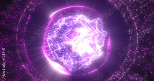 Abstract purple energy sphere from particles and waves of magical glowing on a dark background