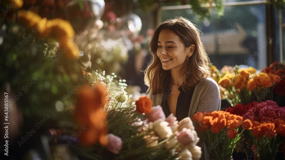 Portrait of a woman at a bustling flower market selecting the freshest blooms