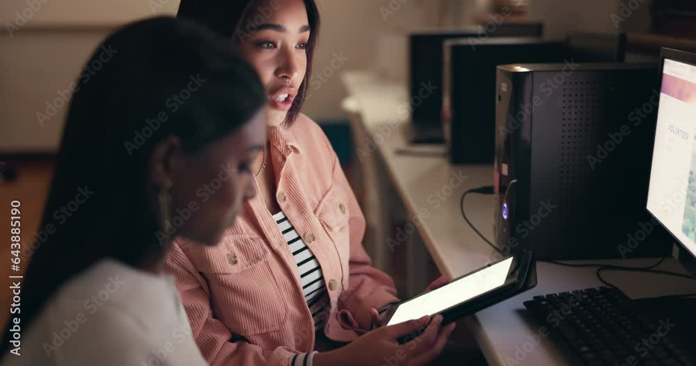Business women, teamwork and computer or tablet of website branding, marketing or collaboration on screen. Employees on digital technology or desktop of copywriting and social media results at night